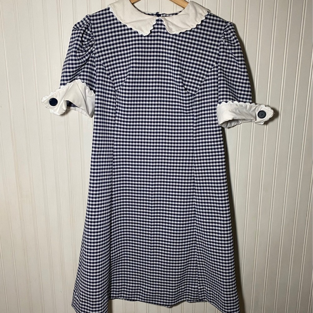 Handmade Vintage Navy White Houndstooth Scalloped Collar Dress Kitschy Mod - M/L - Picture 5 of 12